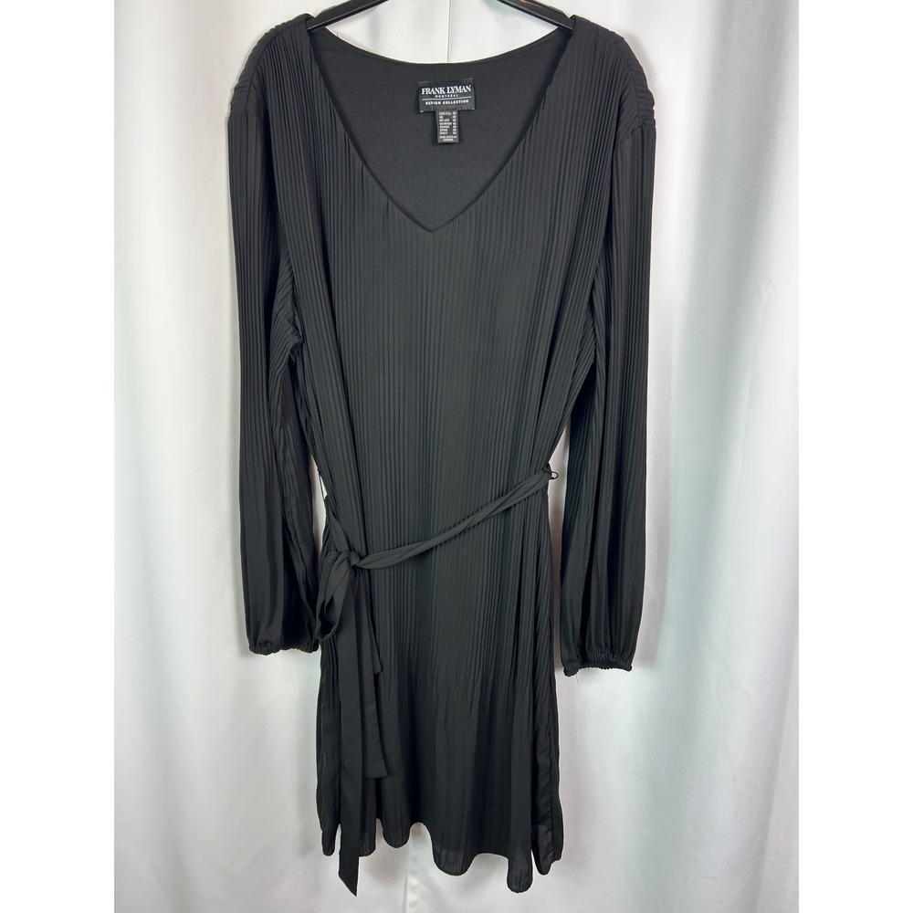 Frank Lyman Black Cocktail Dress Pleated Belted Long Sleeve Dress Chic LBD 18